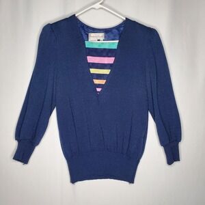 Anthony Sicari Vintage 80s Navy Blue Knit Sweater 10 Striped Inset‎ V-Neck